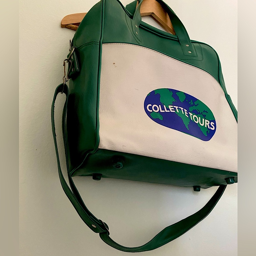 Vintage Collette Tours Airline Vinyl Travel Carry On Tote Bag Green Whit…